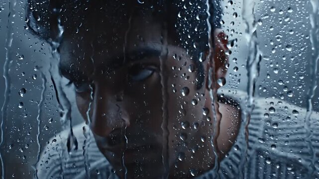 Sad Man Looking Through Rain Streaked Window