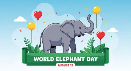 Naklejka premium World elephant day illustration with a gray elephant and colorful balloons on blue background