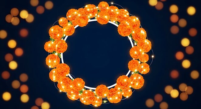 Indian Festival Poster Background with a Radiant Circular Frame of Marigold Flowers and Glowing String Lights, perfect for event invitations or greeting cards.