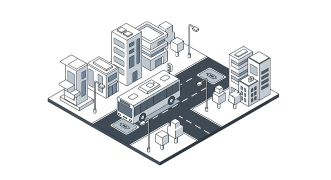 Isometric Smart City Concept with Electric Bus Wireless Charging, Modern Urban Infrastructure, and Public Transport Illustration