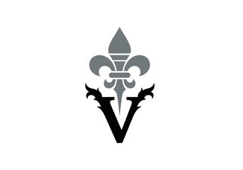 Elegant fleur de lis and letter V monogram logo © Basar
