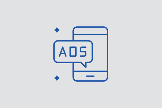 Mobile phone ads line icon for in-app marketing and responsive mobile-first advertising strategies. Modern vector illustration for app store optimization (ASO) and SMS marketing service portals.
