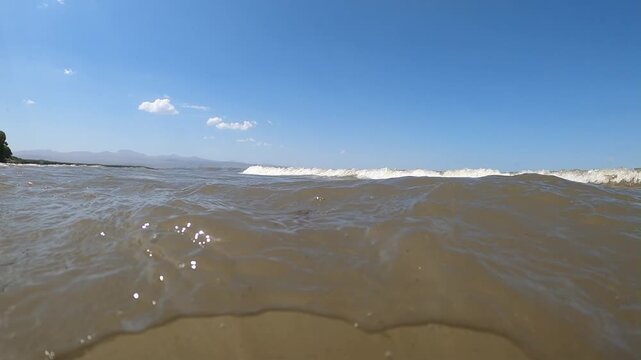 A unique half underwater view captures small rolling waves in a murky lake. A piece of driftwood sticks out while mountains and trees line the distant sandy shore.

