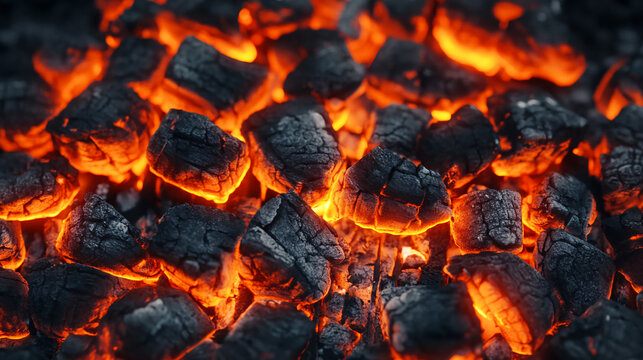 Glowing hot charcoal briquettes burning with bright orange embers and dark, cracked surfaces.