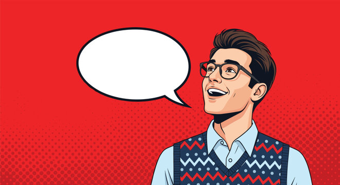Thoughtful young man with glasses looking up at a blank speech bubble against a vibrant red halftone background.