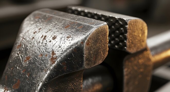 Close-up of rusted metal hinge with chain and wooden block on rough surface rusty chain