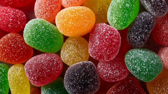 Colorful sugar-coated gumdrops in various shades, close-up showing textures and sugary granules.