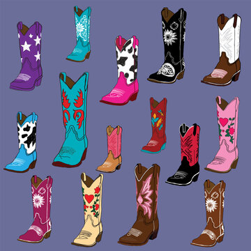 Hand Drawing Cowgirl Boots Collection. hand Made cowbow shoes vector graphic.perfects for tee shirt sweatshirt design. girl's women's tee t-shirt print design. desirt fashion. 