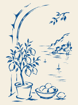 Mediterranean lemon tree sea view sketch vector illustration