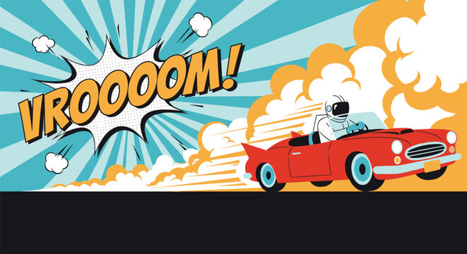 Classic red convertible sports car racing fast with smoke and a large comic book sound effect VROOOOM! on a retro burst background.