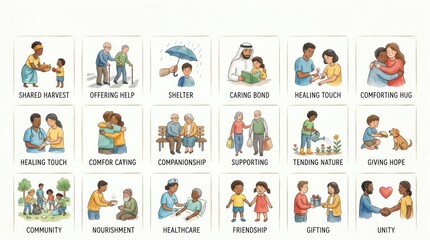 Fototapeta premium Multiple scenes depict diverse individuals showing compassion, care, and support for each other