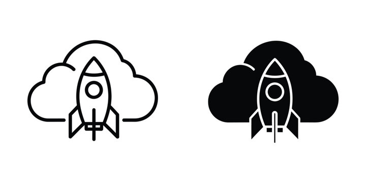 Rocket launch icon with cloud background in black and white