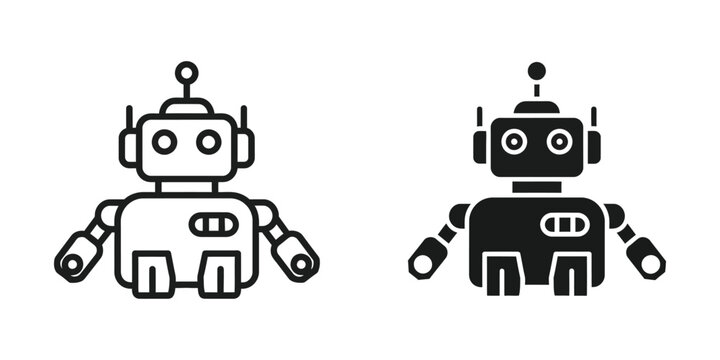 Simple cartoon robot icon in black and white with playful design