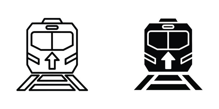 Simple black and white train icon with arrow on front for transportation symbol