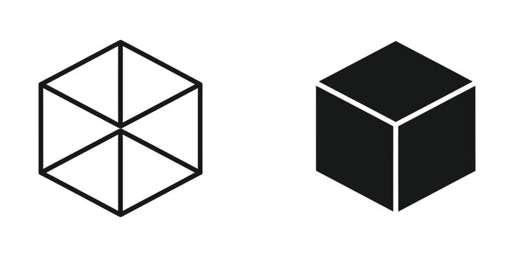 Simple black and white 3d cube icons with outlines and filled design