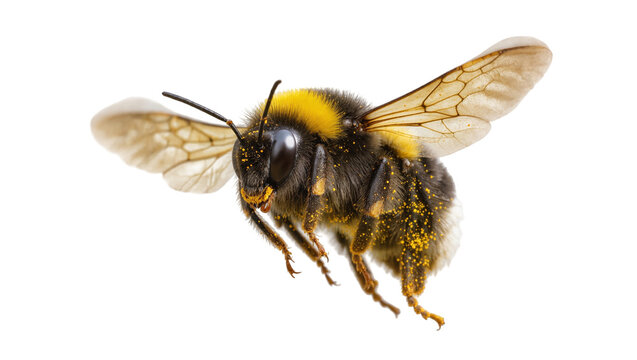 Fuzzy black and yellow Bumblebee with pollen flying mid-air