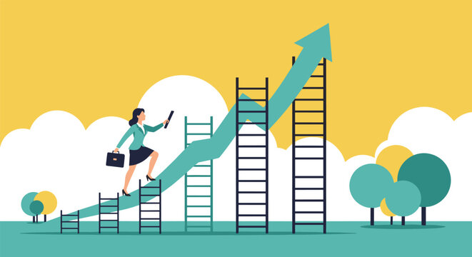 Determined businesswoman climbs a rising green arrow graph using various ladders to overcome challenges and reach career success.