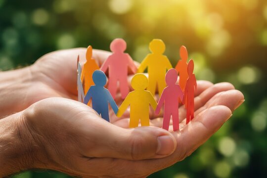 hands holding circle of diverse colorful paper people cutouts outdoors against sunny green nature background for environmental protection eco community global harmony and unity