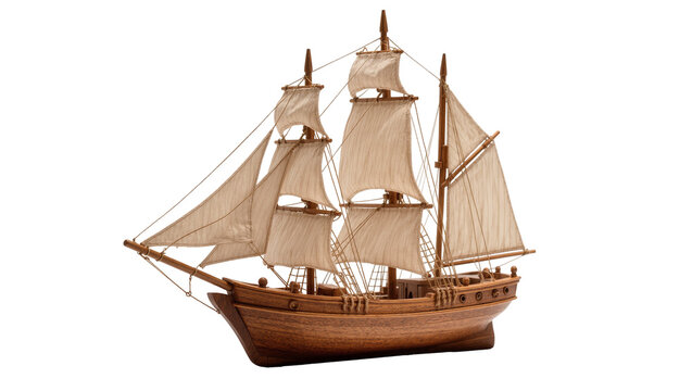 Detailed Wooden Sailing Ship Model with Beige Canvas Sails