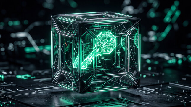 Glowing green digital neon key locked inside a glass cube for cyber security concept