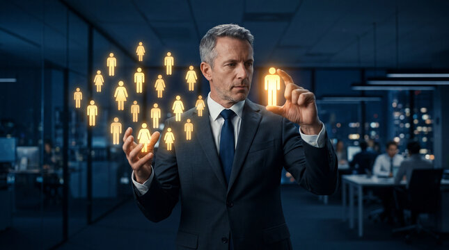 corporate manager selecting best candidate from group of glowing golden human icons in office talent acquisition headhunting recruitment human resources choosing employee concept