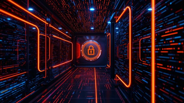 Futuristic server room corridor with a glowing neon padlock representing cyber security