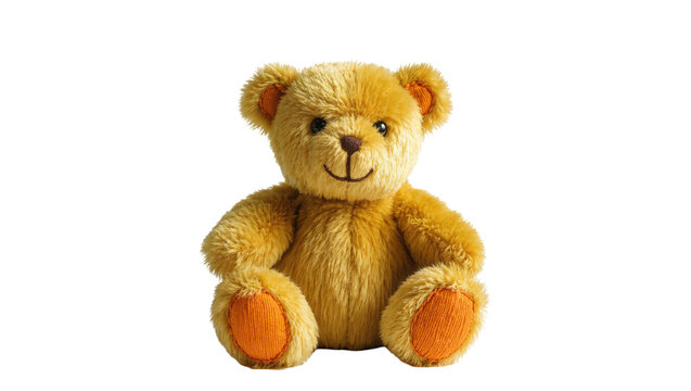 Golden plush teddy bear with orange paws and button nose