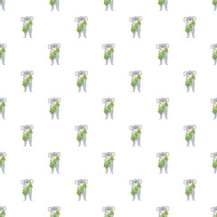 Koala cartoon characters holding eucalyptus branches creating a seamless pattern