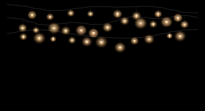 Delicate string lights forming a gentle arc against a pitch-black surface.