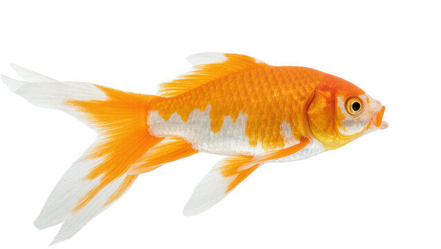 Golden White Patterned Fancy Goldfish Swimming Side View