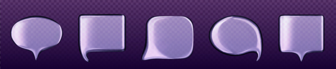 Obraz premium 3D glass speech bubbles set isolated on transparent background. Vector realistic illustration of empty holographic chat message frames, modern ui design elements, futuristic glass morphism interface