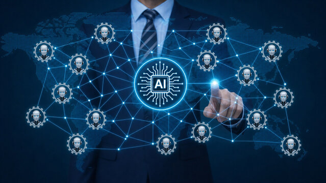 Artificial Intelligence AI Agents Network Global Map Business Technology Concept