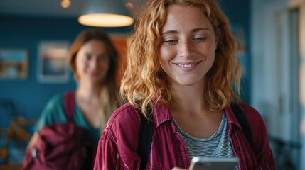 Obraz premium Roommates preparing for weekend trip and checking security on smartphone in apartment
