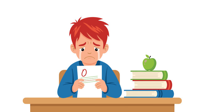Sad schoolboy crying while holding an exam paper with a zero failing grade at his desk with books and a green apple.