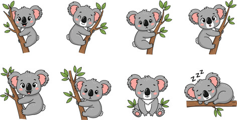 Obraz premium Cute Koala Character Collection with Tree Climbing, Sleeping, and Playful Poses for Animal, Nature, and Cartoon Designs