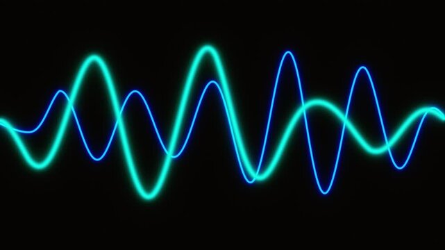 Abstract blue and cyan neon sine waves oscillating smoothly on a black background. A seamless loop animation of audio frequency or scientific data signals for technology projects