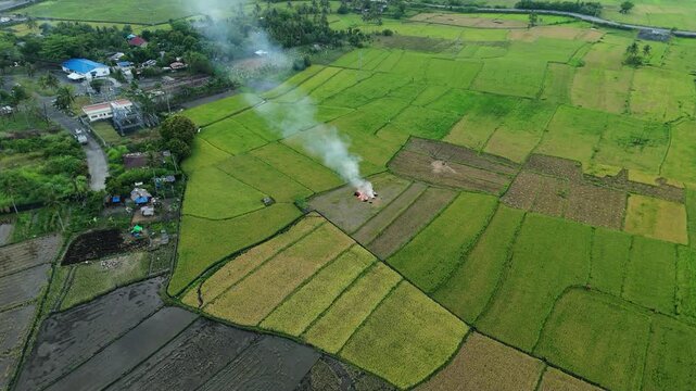 Aerial view shows burning field