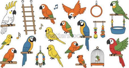 Colorful Parrot and Birdcage Collection with Toys, Perches, and Musical Elements for Pet, Animal, and Birdcage Designs © Lipi