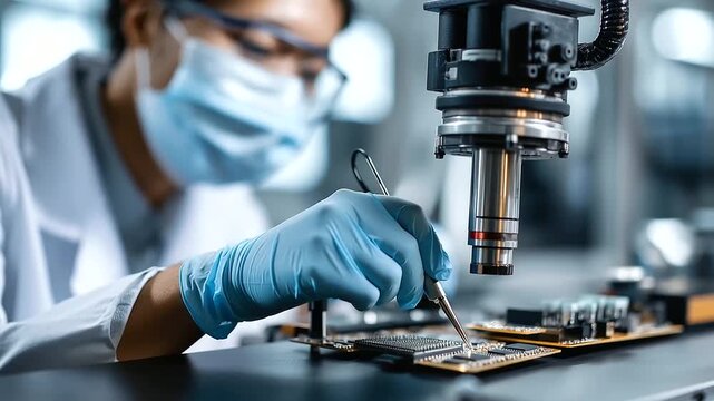 Faceless human worker wearing protective gloves carefully placing circuit boards while robot arm applies material in synchronized manufacturing cell, with copy space