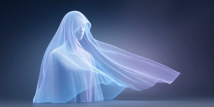 a glowing blue ghost standing in the dark, with a transparent veil flowing behind it