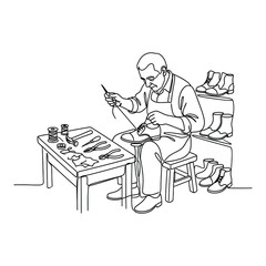 Obraz premium Traditional Shoemaker at Work: Continuous Line Drawing of Cobbler Repairing Shoes in Workshop with Tools 