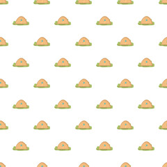 Naklejka premium Repeating cute wooden hut illustration on green grass, forming a seamless background pattern