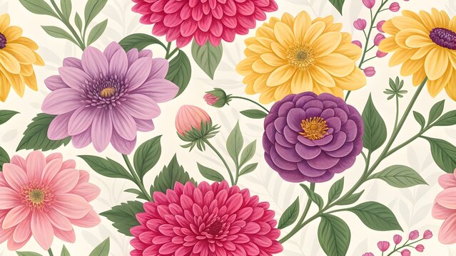 Seamless vintage floral pattern with dahlias and zinnias in pink, purple, and yellow on a soft cream background, elegant botanical illustration.