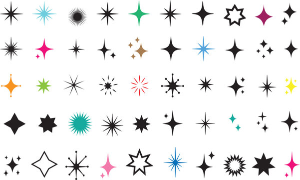 Stars set icons, different sparkle star shapes icon collection, shine stars sparkles signs, bling decoration.