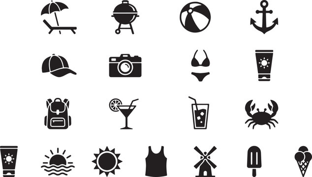 Summer Vacation Icon Set &ndash; Beach, Travel, BBQ, Nautical Silhouette Collection