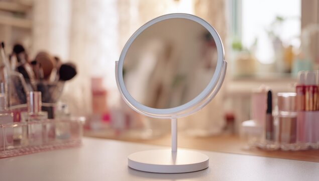 Mirror of Reflection: A pristine vanity mirror reflects an ambiguous view, surrounded by cosmetic items on a dressing table. Capturing moments of introspection and self-care.