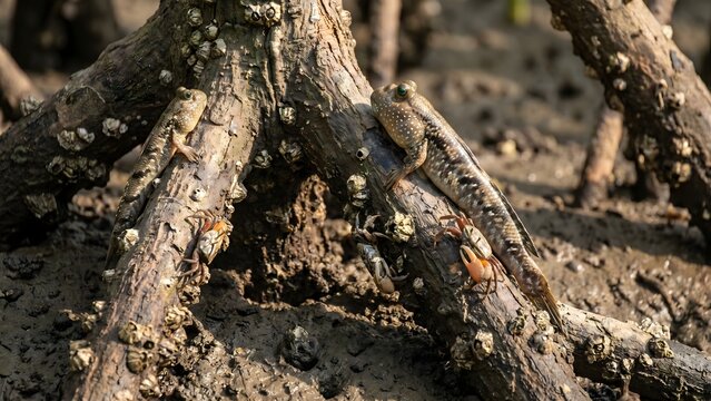 Two Mudskipper Fish and Fiddler Crabs on Mangrove Roots in Tropical Wetland