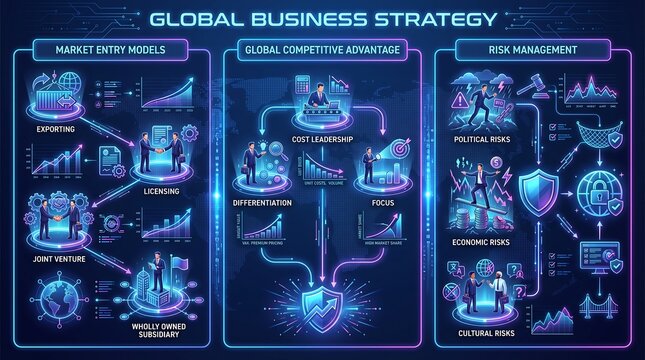 Global business strategy infographic with market models, competitive advantage, and risk management