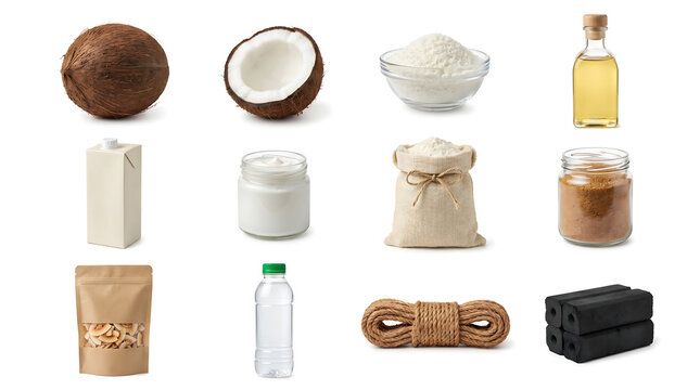 Coconut derivatives collection isolated on white featuring oil, milk, flour, sugar, water, and rope. Versatile asset for healthy food marketing, sustainable lifestyle blogs and nutrition graphics.