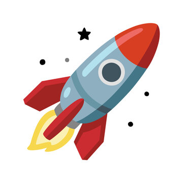 Rocket Ship Launching with Flame and Stars - Simple Vector Illustration Isolated on White